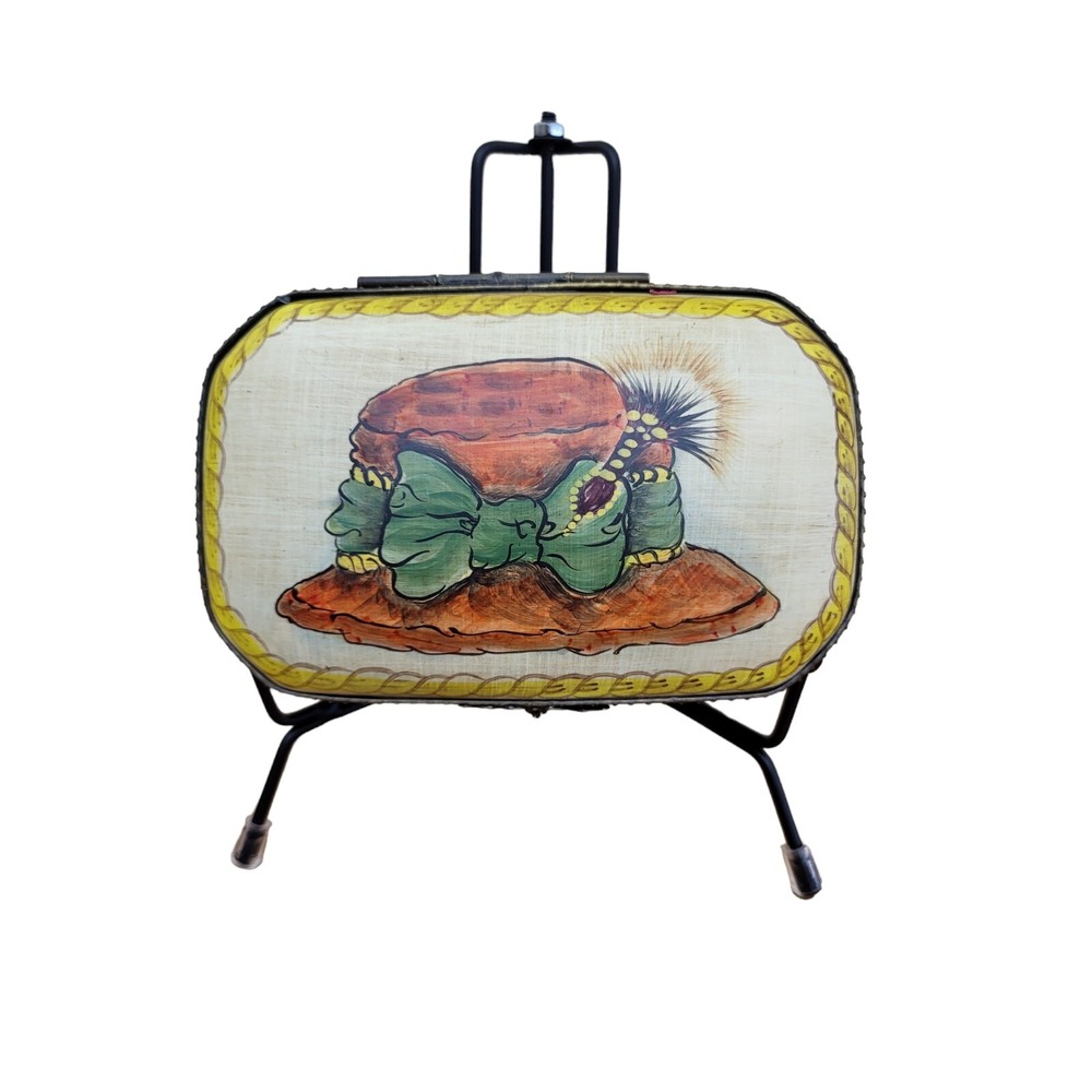 Toyo Vintage Porcelain Metal Trinket Lidded Box Handpainted Victorian Hat‎